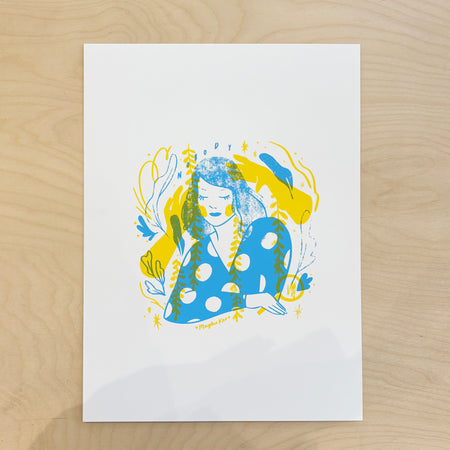 Screen printed poster 'Green Leaf' on blue paper