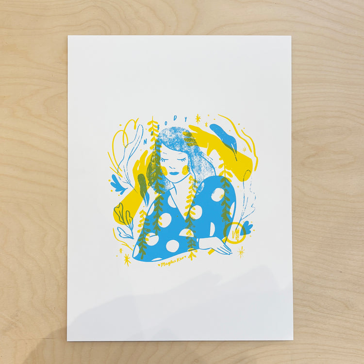 Screen printed poster 'Green Leaf' on blue paper