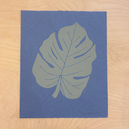 Screen printed poster 'Green Leaf' on blue paper