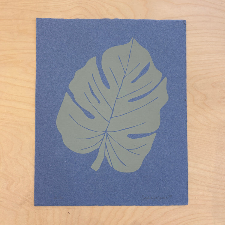 Screen printed poster 'Green Leaf' on blue paper