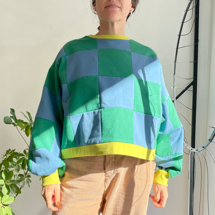 Pull Colorblock Damier Bleu, vert et chartreuse