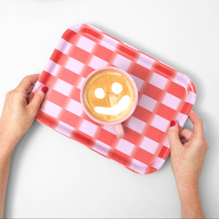 Plateau en bois carreaux rouges