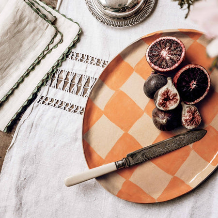 Plateau grande assiette ovale à carreaux oranges