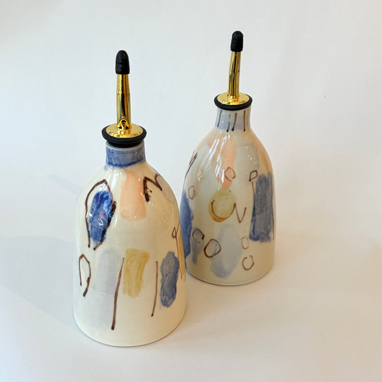 Huilier abstrait en céramique brun, pêche et bleu