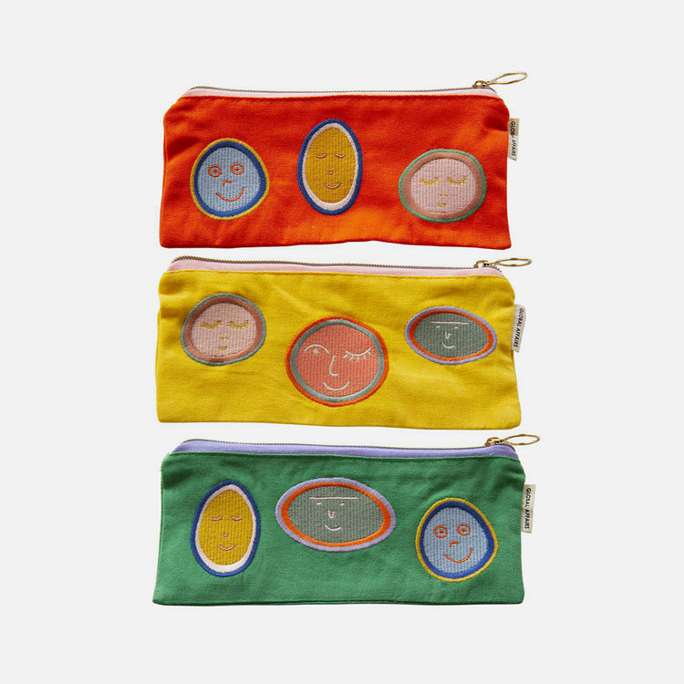 Embroidered 'Happy Faces' Pouch [Various Colours] 