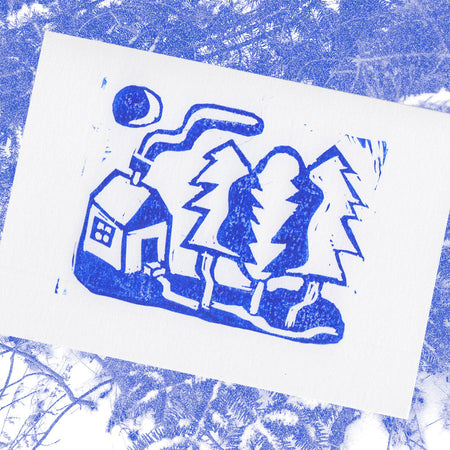 Carte de souhaits linogravure Cabane