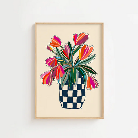 Affiche 'Tulips in blue checks'