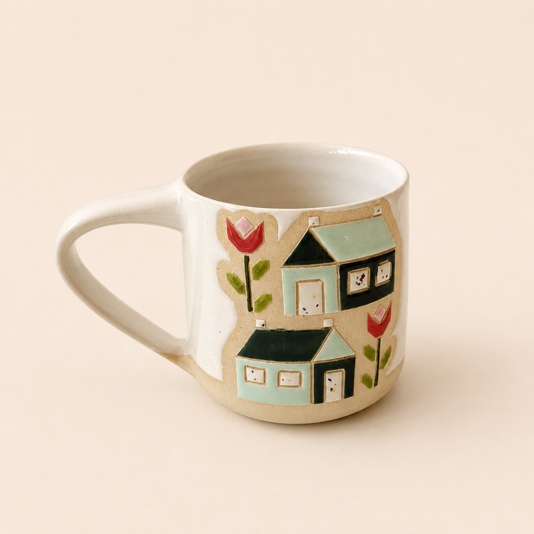 Grande tasse Maison turquoise et rouge