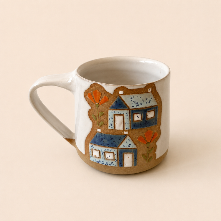 Grande tasse Maison orange et bleu