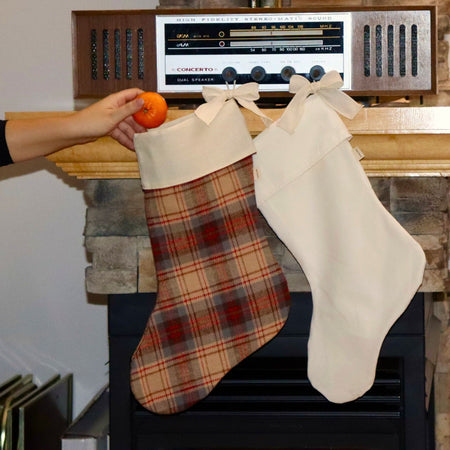 Christmas stocking with reclaimed fabric bow