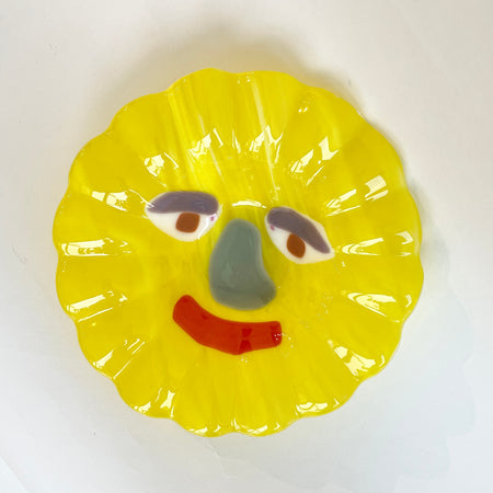 Yellow 'Wavy face' glass soup plate [unique piece]