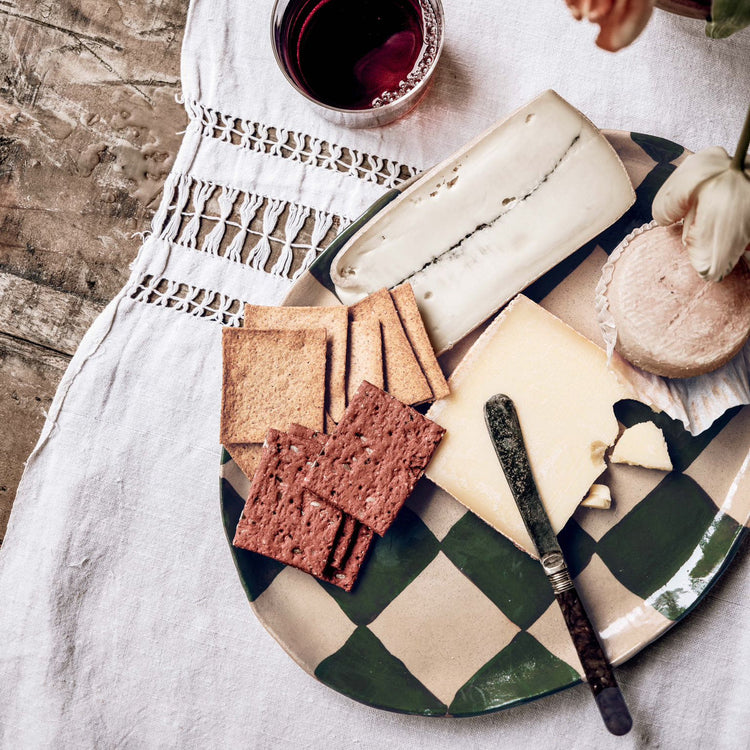 Plateau grande assiette ovale à carreaux verts