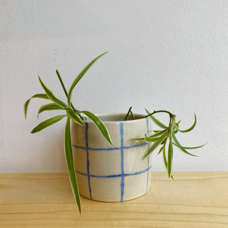 Grid lavender white stoneware plant pot