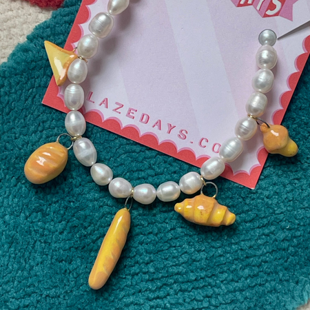 Bakery Porcelain and Freshwater Pearl Charm Necklace