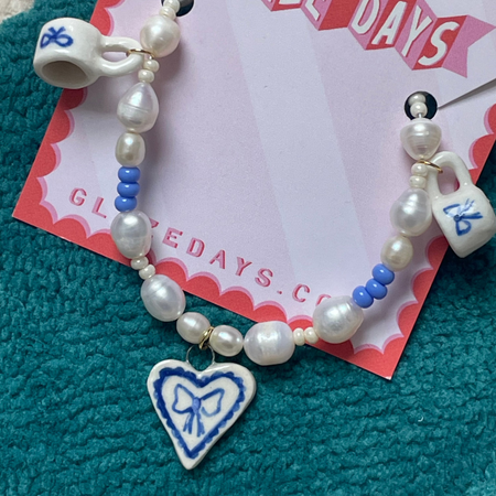 Porcelain and Freshwater Pearl Charm Necklace Cups &amp; Heart