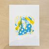 Screen printed poster 'Green Leaf' on blue paper