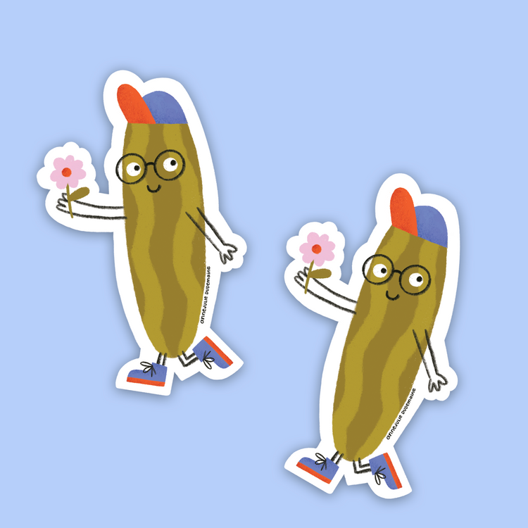 Mr Pickle sticker with pink flower