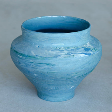 Large blue-green marbled coil vase