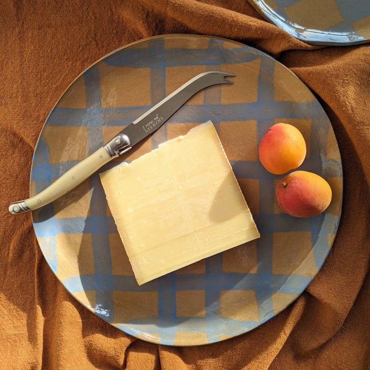 Plateau grande assiette ronde de service Gingham bleu