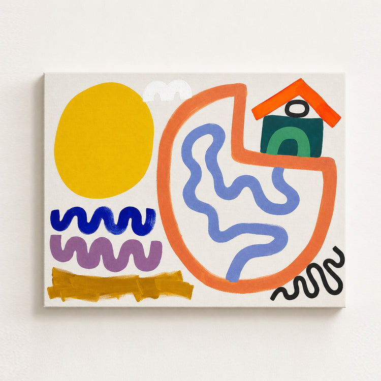 Grande oeuvre originale sur canevas 'Maison au bord du soleil'