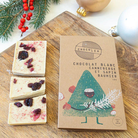 White chocolate, cranberry and balsam fir bar