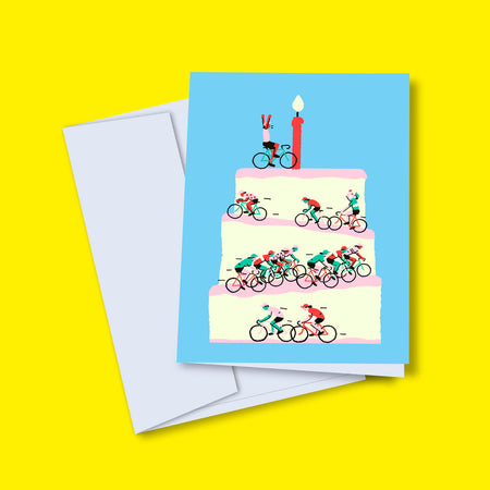Carte de souhaits 'Gâteau de fête et cyclistes'