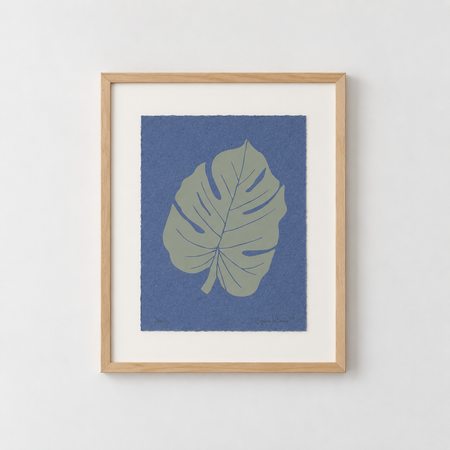 Affiche sérigraphiée 'Feuille verte' sur papier bleu