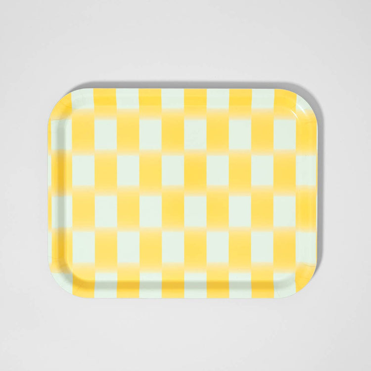 Plateau en bois carreaux jaunes