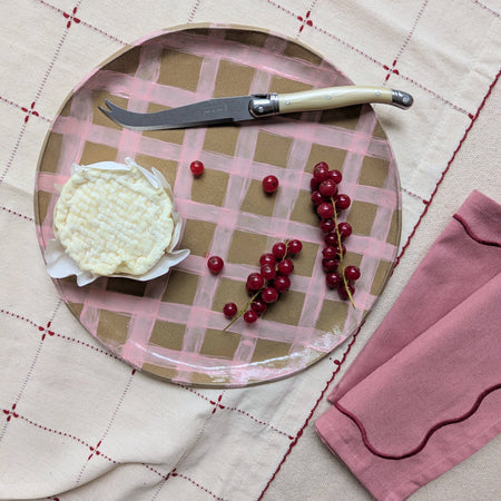 Plateau grande assiette ronde de service Gingham rose