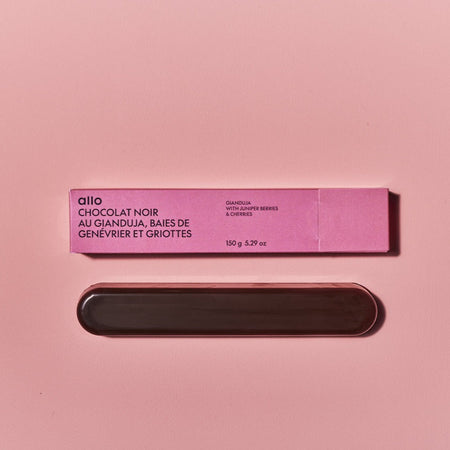 Dark chocolate with gianduja, juniper berries &amp; sour cherries