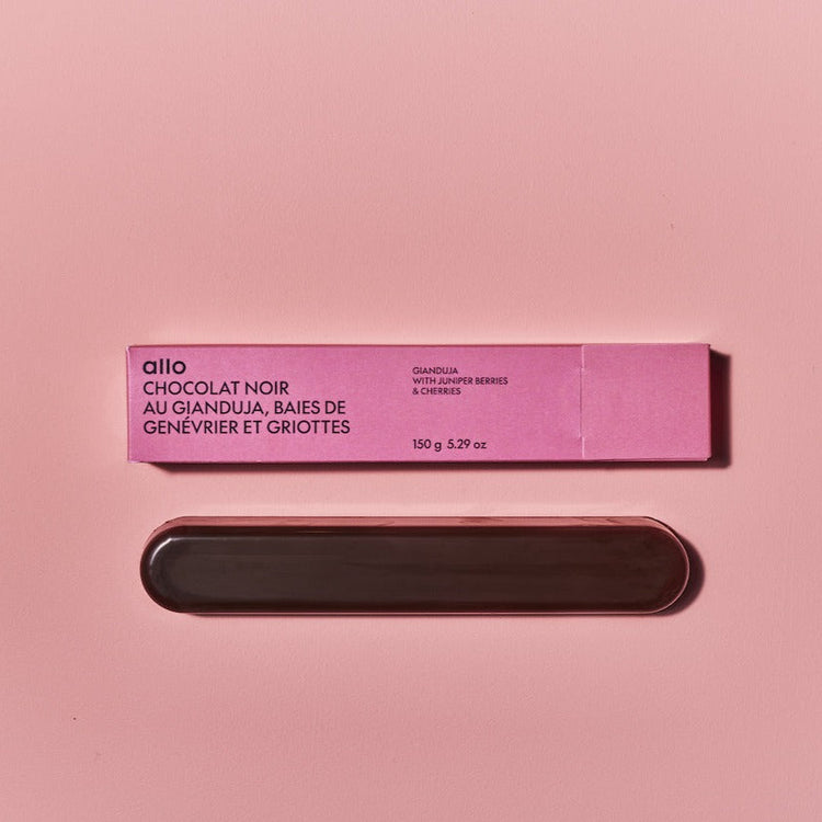 Dark chocolate with gianduja, juniper berries &amp; sour cherries