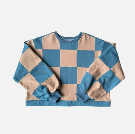 Pull Colorblock Damier Bleu et beige