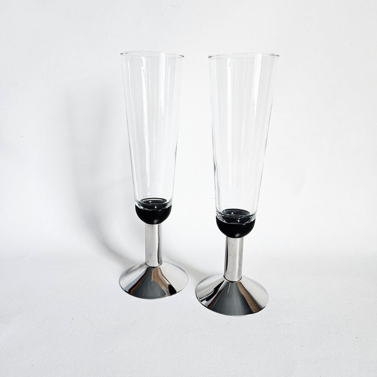 Set of 2 vintage chrome Oktett footed flutes, Bodum