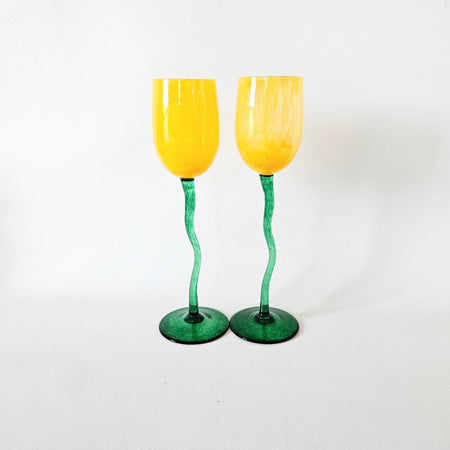 Lot de 2 verres à pied vintage Tulipes en verre soufflé artisanal