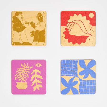 Set of 4 illustrated coasters 