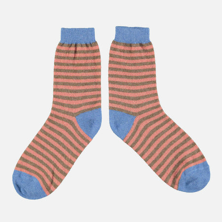 Chaussettes à rayures brunes et roses en laine d'agneau